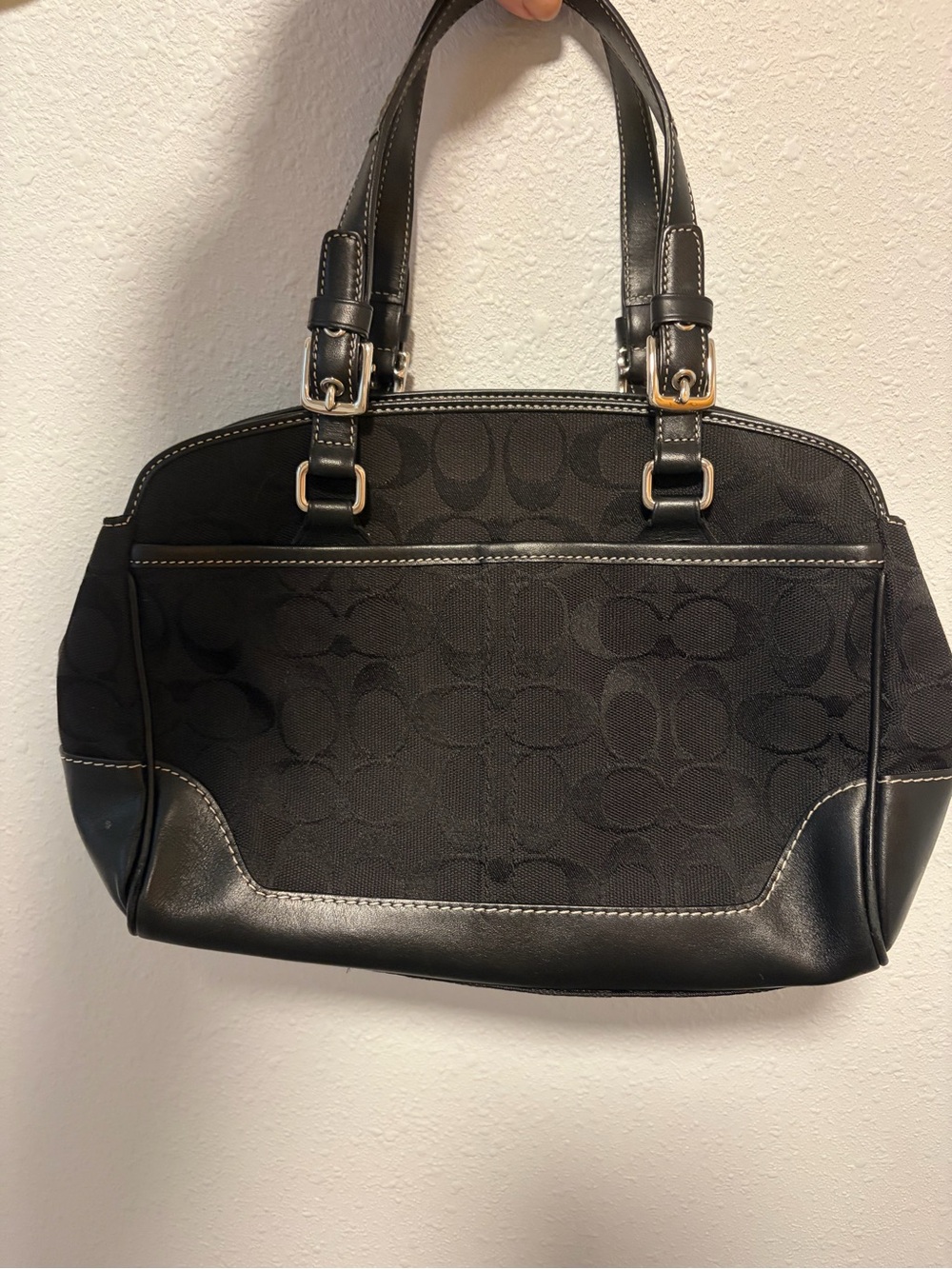 Coach Black Signature Canvas Shoulder Bag with Leather Trim